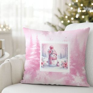 Lovely Pink Snowman Christmas Scene Kids Pillow