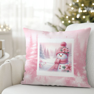 Lovely Pink Snowman Christmas Scene Kids Room  Cushion