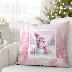 Lovely Pink Snowman Pillow Soft Winter Scene