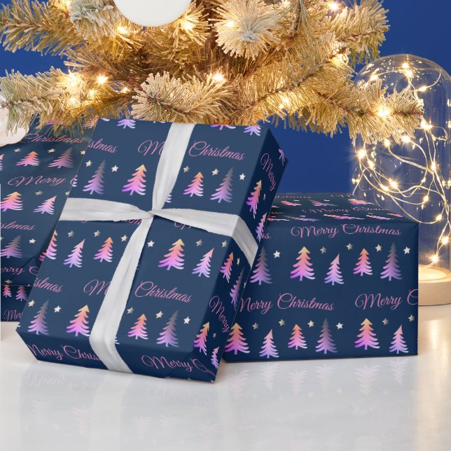 Lovely pink trees and Merry Christmas blue Wrapping Paper (Holidays)