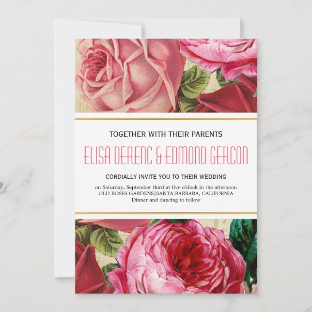 Lovely pink vintage roses floral wedding invitation (Front)