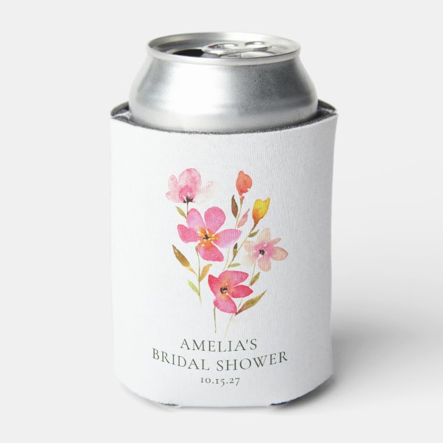 Lovely Pink Watercolor Floral Bridal Shower Can Cooler (Can Front)