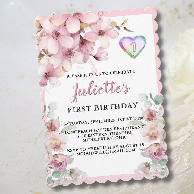 Lovely Pink Watercolor Flowers First Birthday Holiday Card (Creator Uploaded)