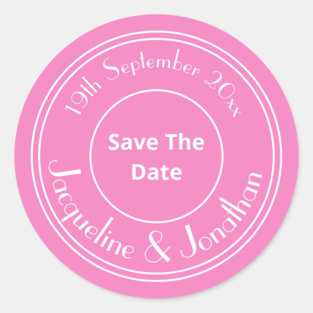 Lovely Pink Wedding Save The Date Chic WhiteScript Classic Round Sticker (Front)