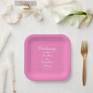 Lovely Pink Wedding White Script Names Simple Paper Plate