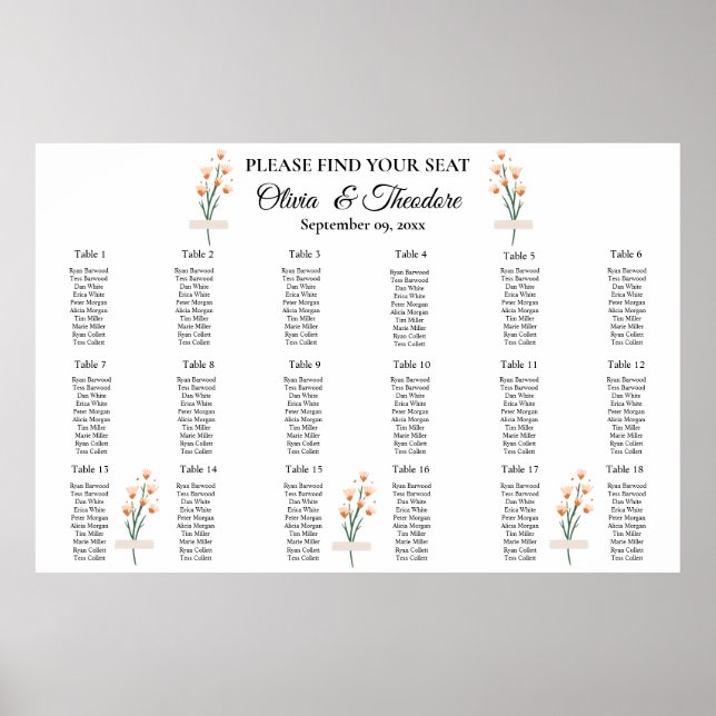 Lovely Pink Wildflower Wedding Seating Chart (Front)