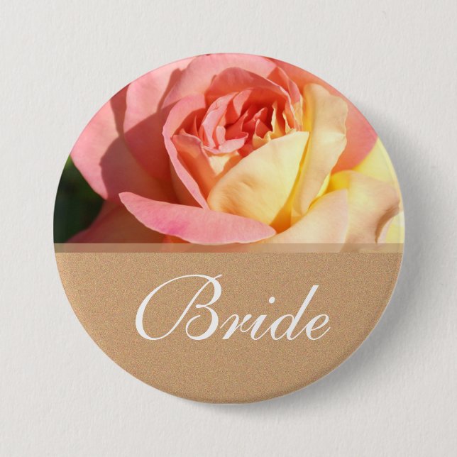 Lovely pink yellow rose wedding  button for bride (Front)