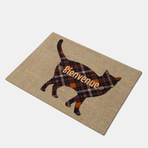 Lovely plaid cat -  Bienvenue -burlap look Doormat