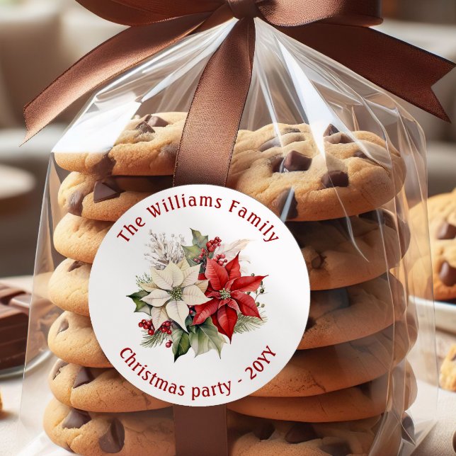 Lovely Poinsettia Floral Family Christmas Party  Classic Round Sticker (Creator Uploaded)
