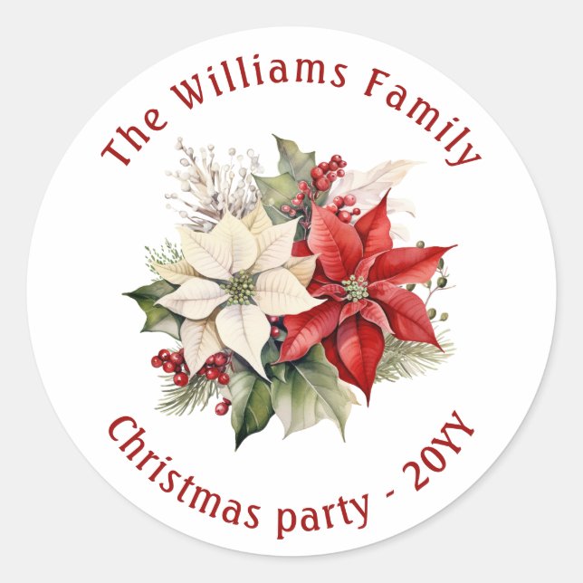 Lovely Poinsettia Floral Family Christmas Party  Classic Round Sticker (Front)