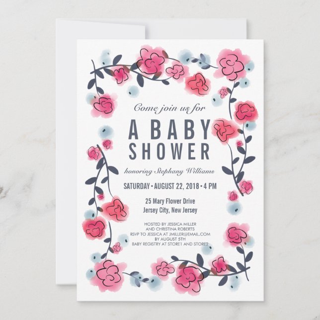 Lovely Pretty Pink Floral Baby Shower Invite Girl (Front)