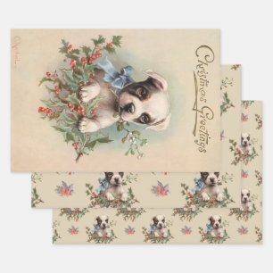 Lovely Puppy Dusty Beige Vintage Christmas Pattern Wrapping Paper Sheet