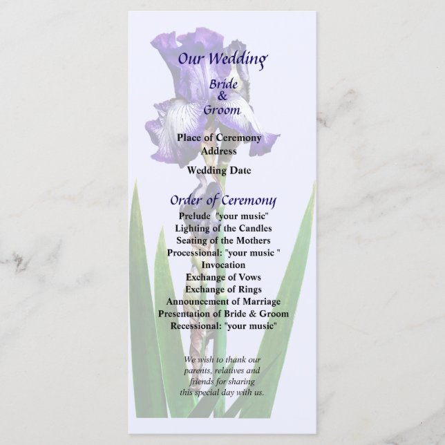 Lovely Purple Irises Wedding Program Programme (Front)