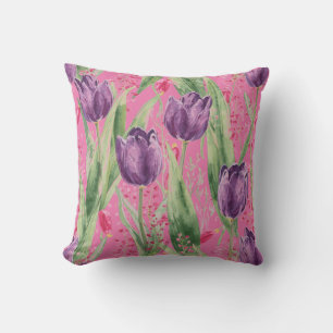 Lovely, Purple,Shocking Pink Tulip Flowers Pattern Cushion