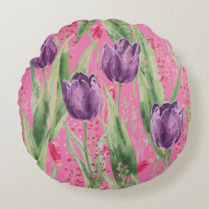 Lovely, Purple,Shocking Pink Tulip Flowers Pattern Round Cushion