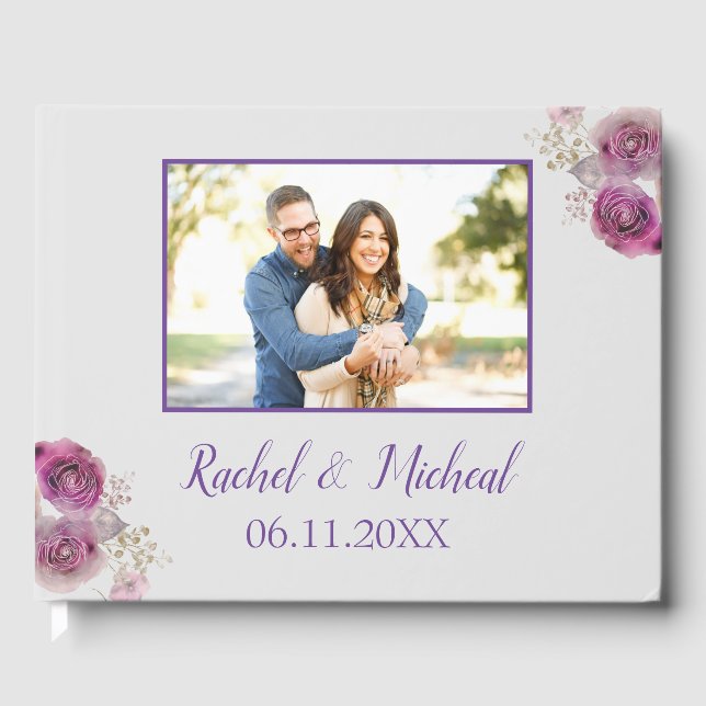 Lovely Purple Watercolor Beauty Wedding Photo Guest Book (Front)