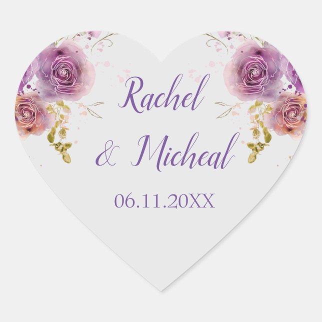 Lovely Purple Watercolor Floral Wedding Heart Sticker (Front)