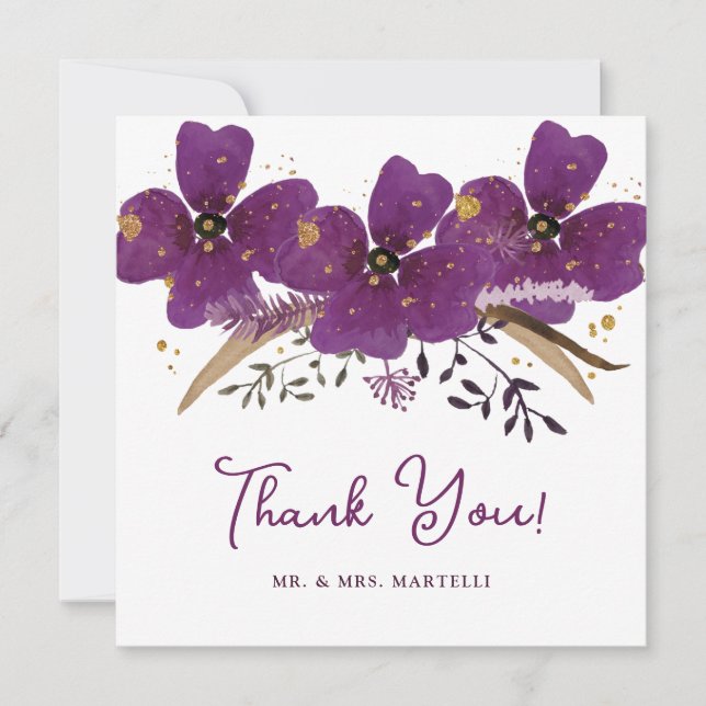 Lovely Purple Watercolor Flowers Thank You Card (Front)