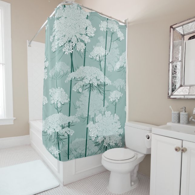Lovely Queen Annes Lace | White + Mint Shower Curtain (In Situ)