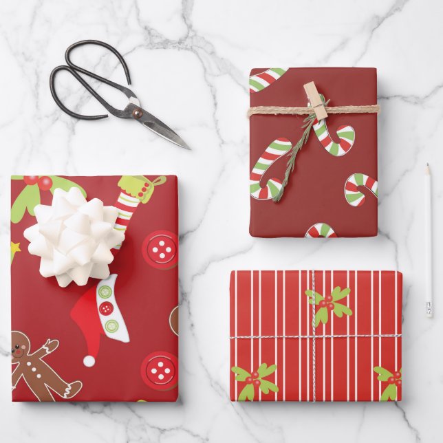 Lovely Red and Green Christmas Theme Wrapping Paper Sheet (Front)