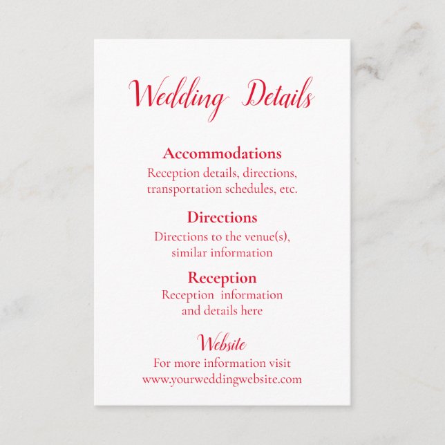 Lovely Red and White Wedding details Enclosure Card (Front)