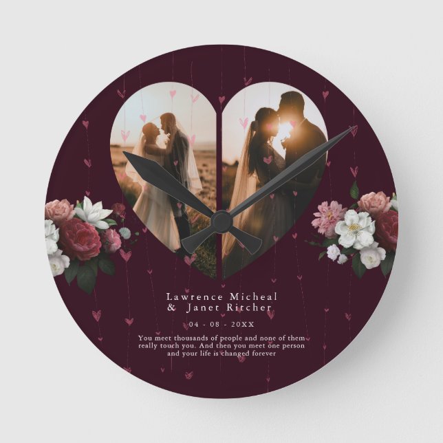 lovely Red Custom Heart shape couples photos gift Round Clock (Front)