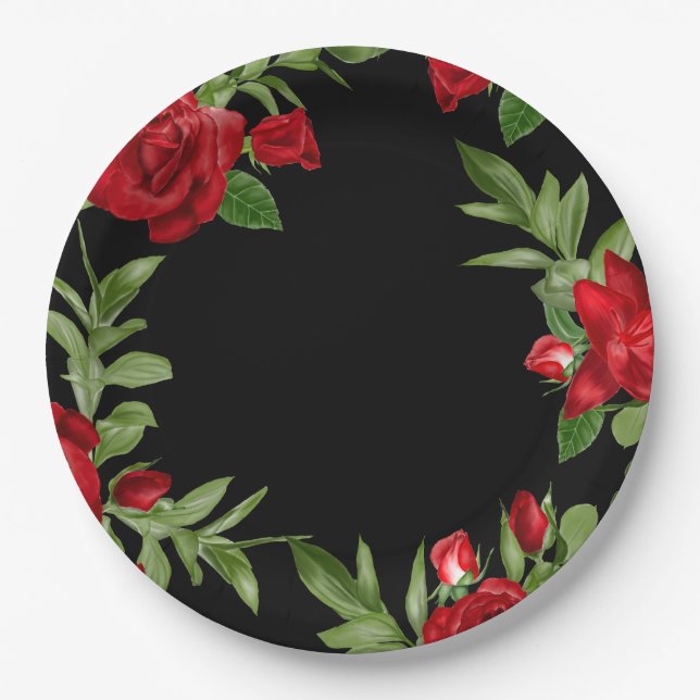 Lovely Red Floral Border Black Paper Plate (Front)