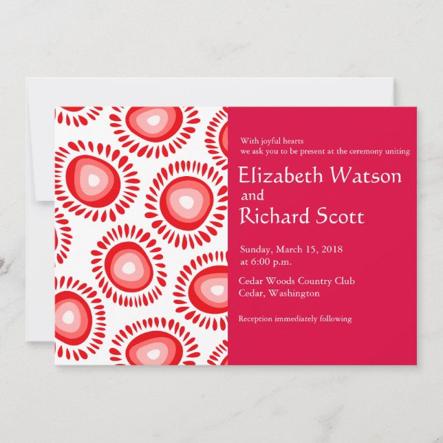 Lovely red funky flowers wedding invitation (Front)