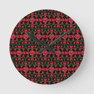 Lovely Red Hearts Roses Black Valentines Day Round Clock