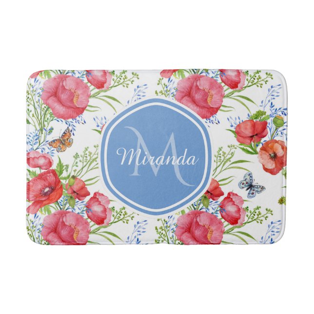 Lovely Red Poppies With Blue Butterflies and Name Bath Mat (Front)