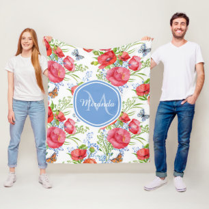 Lovely Red Poppies With Blue Butterflies and Name Fleece Blanket