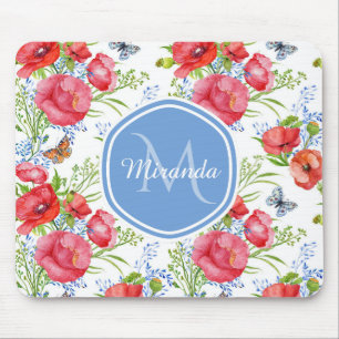 Lovely Red Poppies With Blue Butterflies and Name Mouse Mat