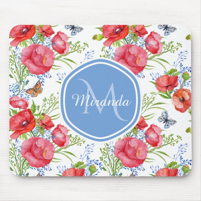 Lovely Red Poppies With Blue Butterflies and Name Mouse Mat (Front)