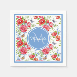 Lovely Red Poppies With Blue Butterflies and Name Napkin