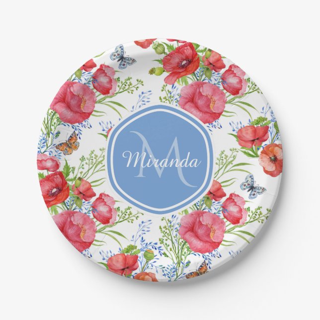 Lovely Red Poppies With Blue Butterflies and Name Paper Plate (Front)