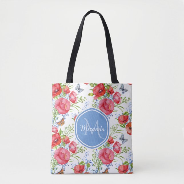 Lovely Red Poppies With Blue Butterflies and Name Tote Bag (Front)