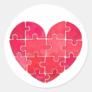 Lovely red puzzle watercolor heart classic round sticker