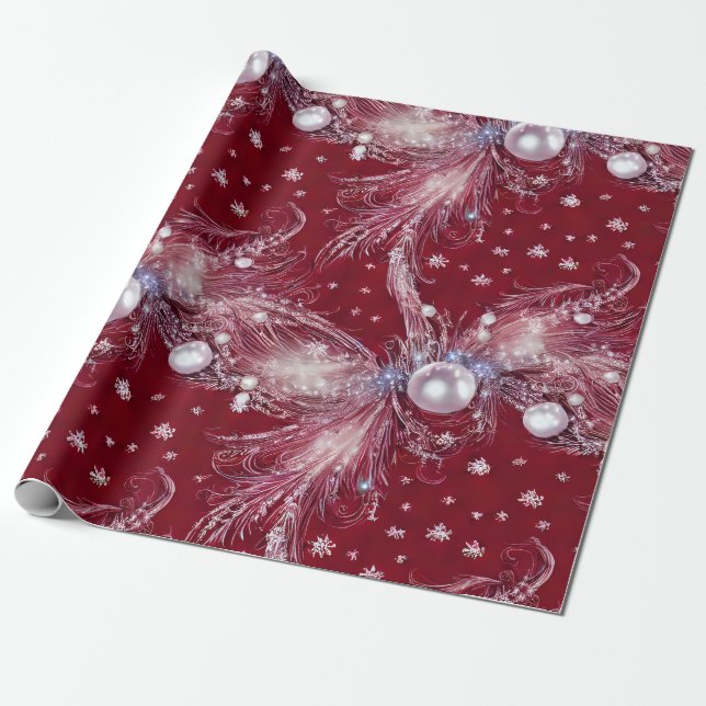Lovely Red & White Beaded Feathered Pearl Wrap Wrapping Paper (Unrolled)