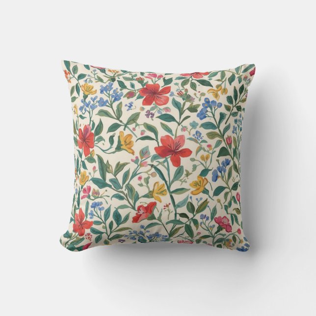 Lovely, Red Yellow Blue Flowers and Leaves Pattern Cushion (Front)