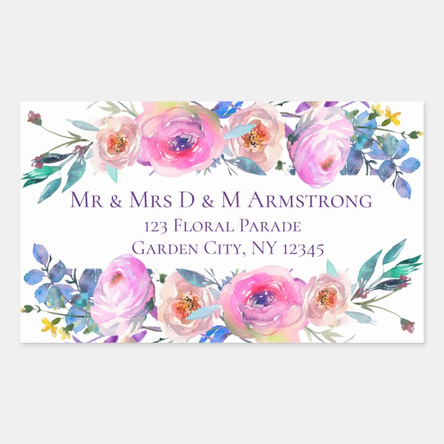 Lovely Romantic Pink Floral Water Colour Rectangular Sticker (Front)