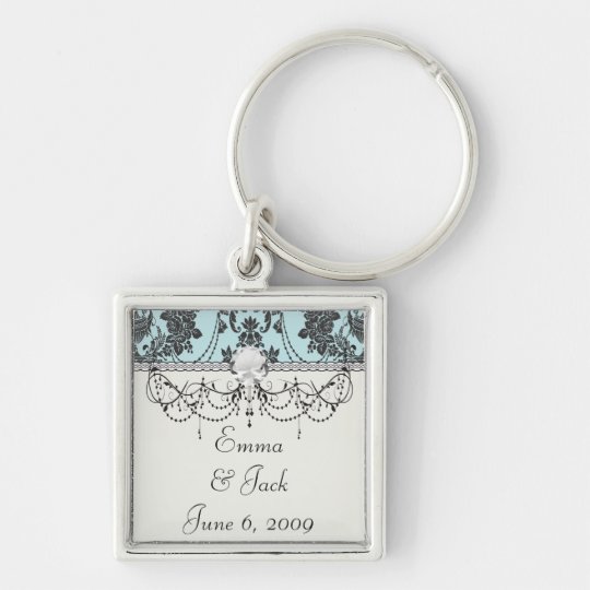 Lovely rose black and baby blue damask key ring