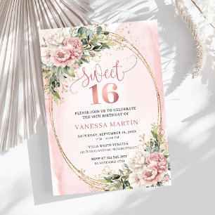 Lovely Rose Gold Flowers Eucalyptus 16th Birthday  Invitation