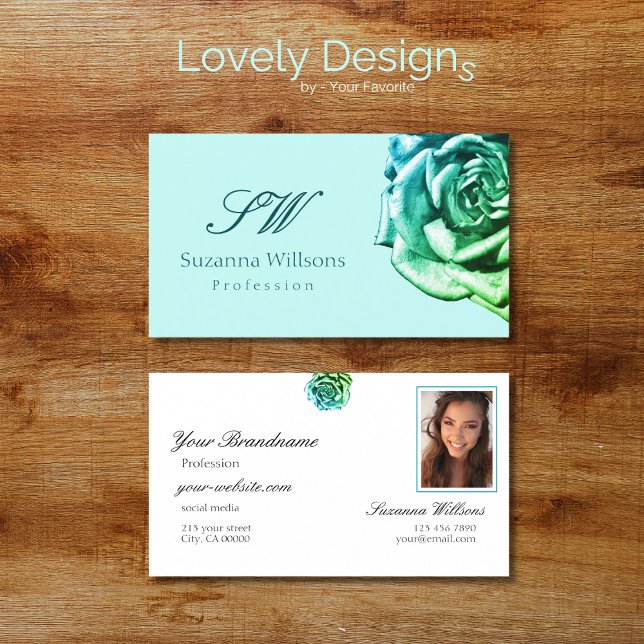 Lovely Rose on Plain Teal White Initials and Photo Business Card (Creator Uploaded)