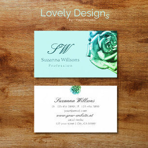 Lovely Rose on Plain Teal White with Initials Business Card