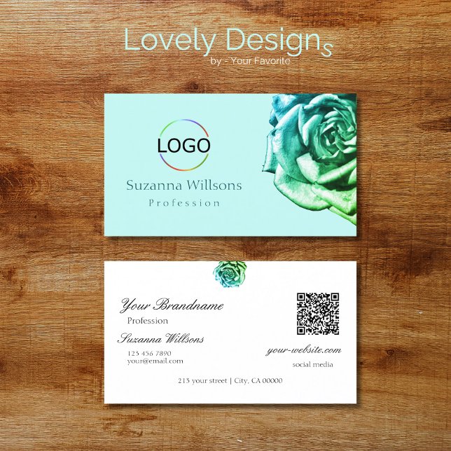Lovely Rose on Plain Teal White with Logo QR Code Business Card (Creator Uploaded)