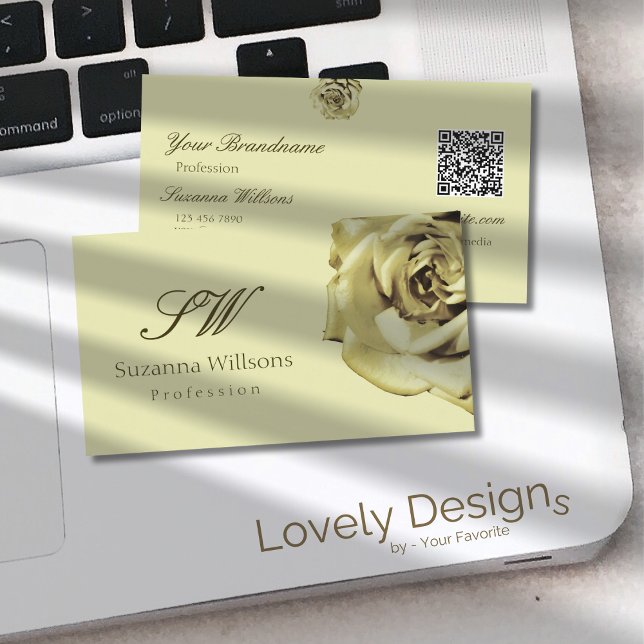Lovely Rose Plain Pastel Beige Initials QR Code Business Card (Creator Uploaded)