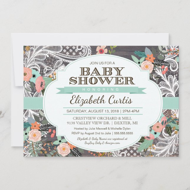 Lovely Rustic Floral & Lace Boho Baby Shower Invitation (Front)