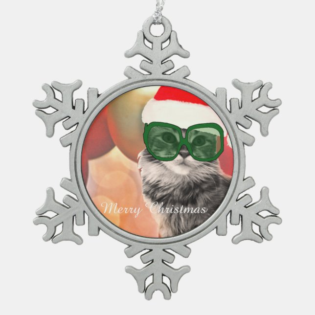 Lovely santa cat with santa hat snowflake pewter christmas ornament (Front)