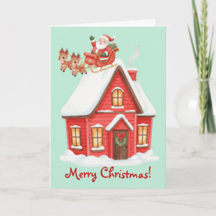 Lovely Santa's Sleigh and Red House Christmas Card