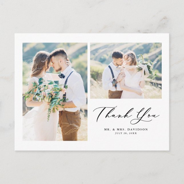 Lovely Script Black Two Photo Collage Thank You Postcard (Front)